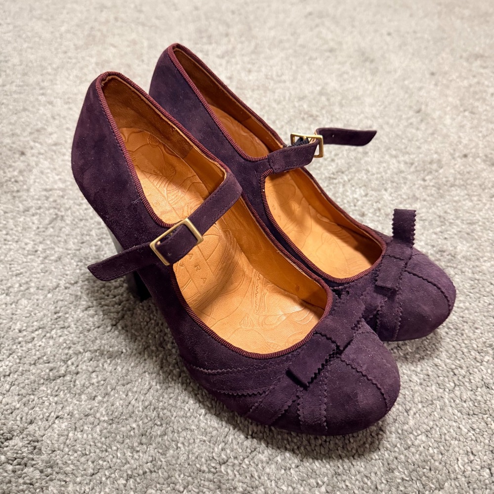 Chie Mihara Purple Suede Mary Jane Pumps Bow Block Heel Made in‎ Spain Size 37